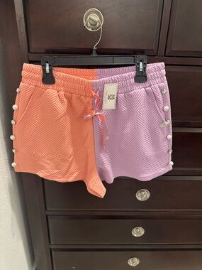 Simply Southern Coral & Lavender High-Waist Quilted Shorts with Pearl Trim